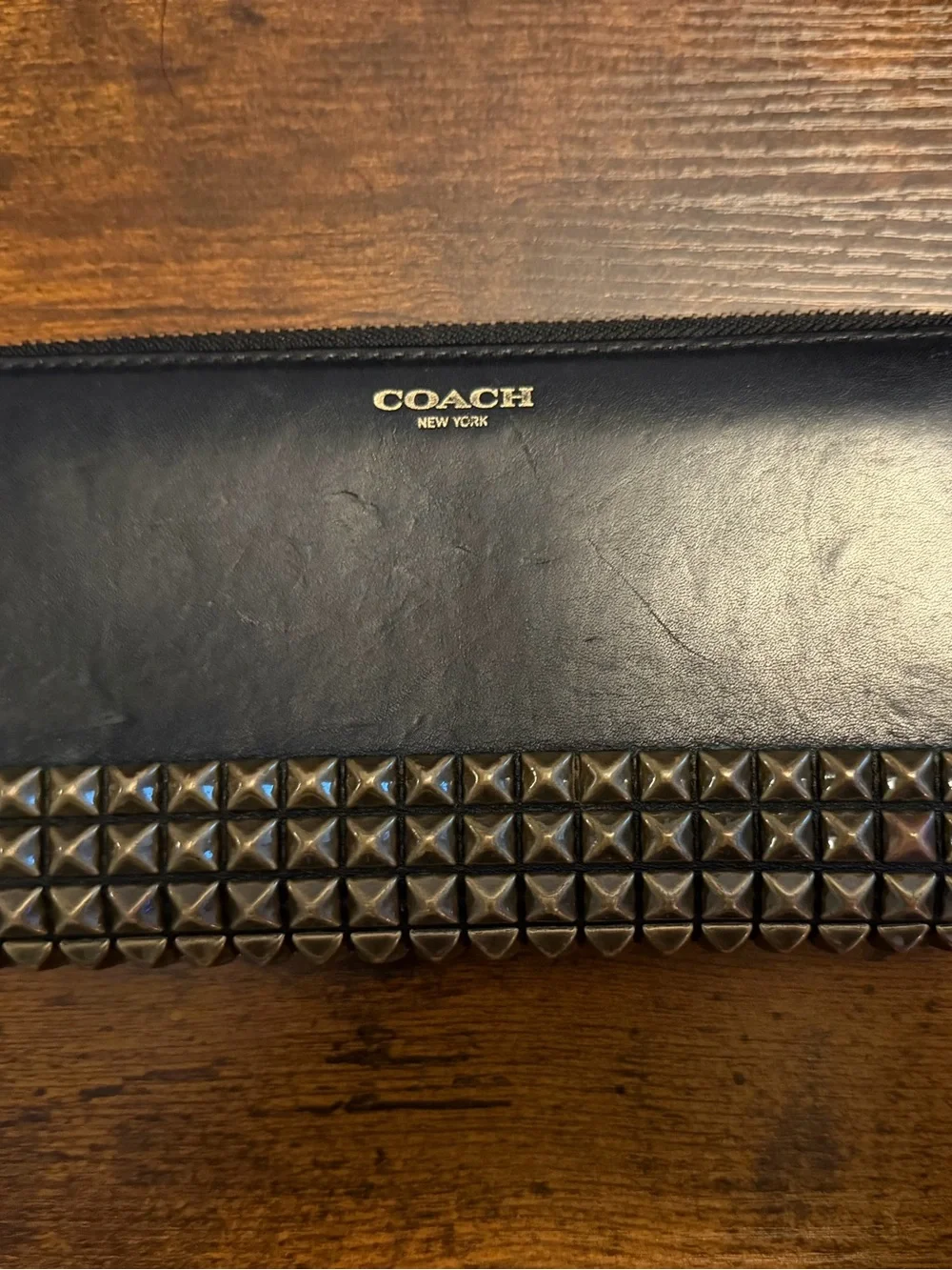 Coach Black Leather Wallet with Gold Logo and Gunmetal Studs